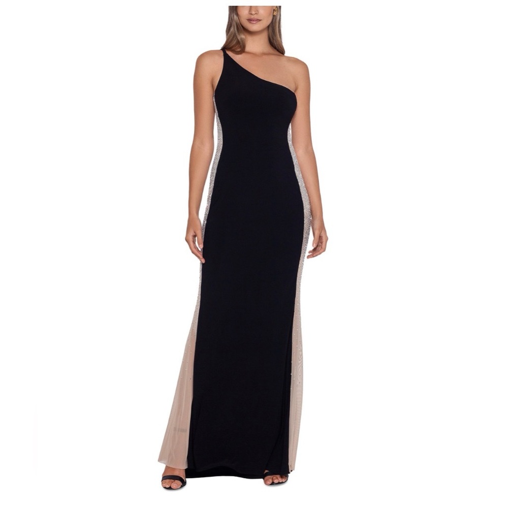 Xscape Black and Cream One-Shoulder Gown
